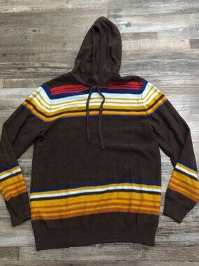 Sun + Stone Mens Medium Benji Striped Pullover Hoodie Sweater Brown Striped